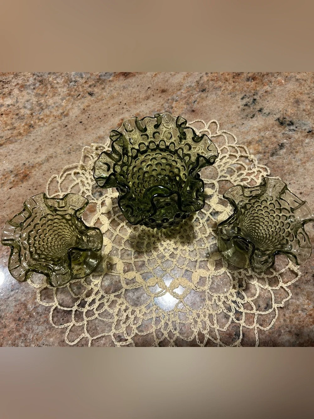 Fenton Forest Green Raised Hobnail Glass Vase Set (3) Flawless pieces. 4”&4.50”